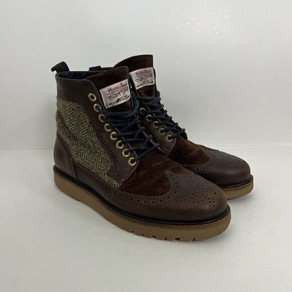 Fred Perry Northgate Brown Leather/Suede Harris Tweed Boots Mens US 7.5 Wingtip - Picture 1 of 12